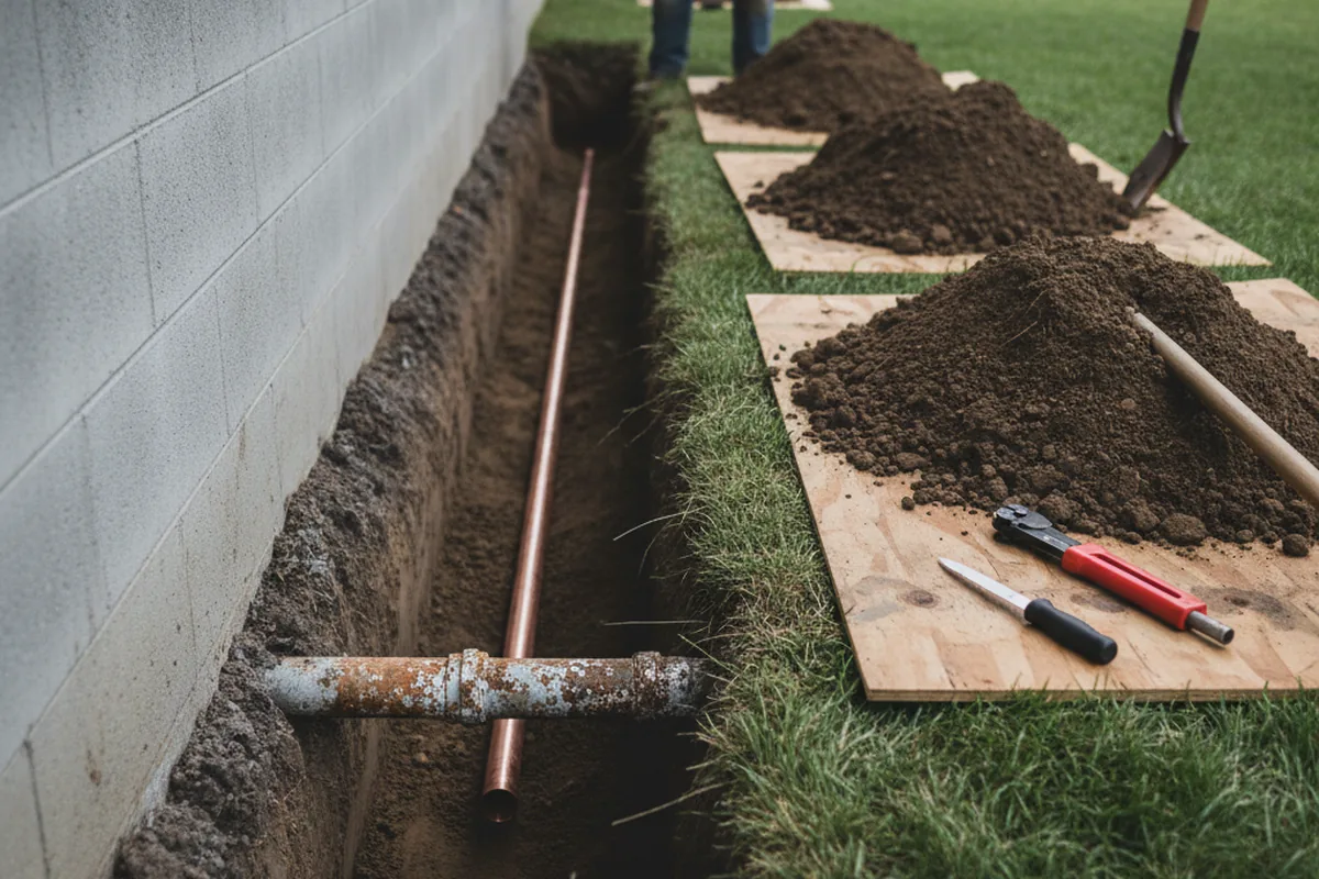 Excavated water line trench during Water Softener Installation in Golden